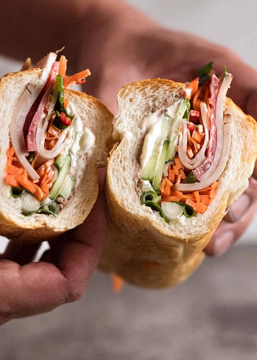 Showing the inside of Vietnamese Sandwich Baguette