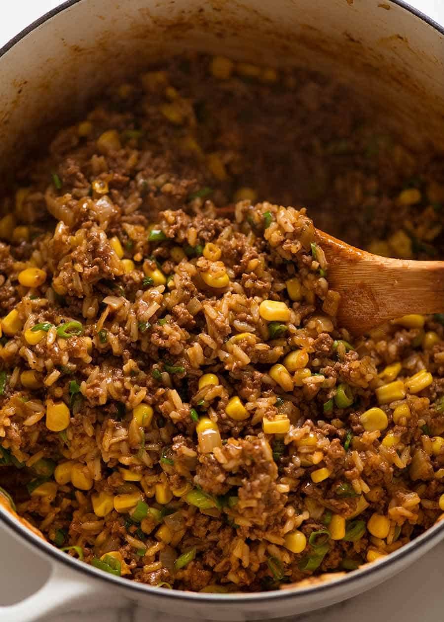 Pot with Mexican flavoured ground beef and rice filling for Mexican Stuffed Peppers