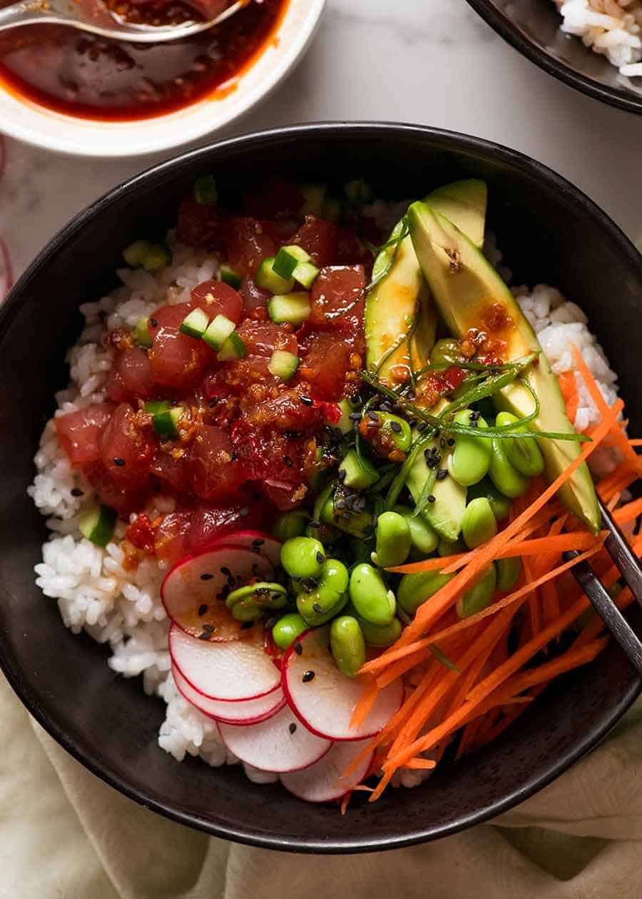 Close up overhead photo of Poke Bowl recipe