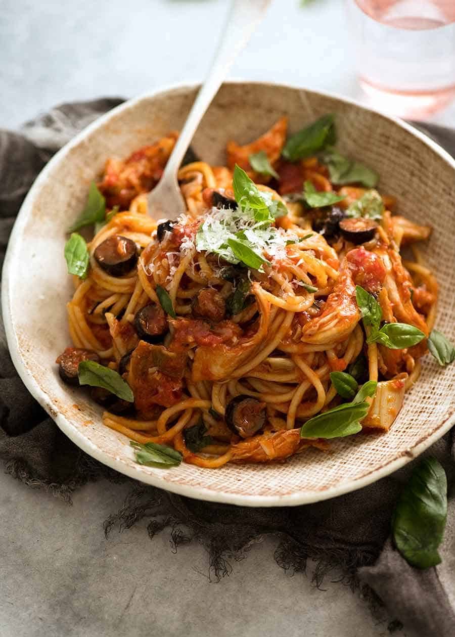 Sicilian Chicken Spaghetti in a rustic bowl, ready to be eaten