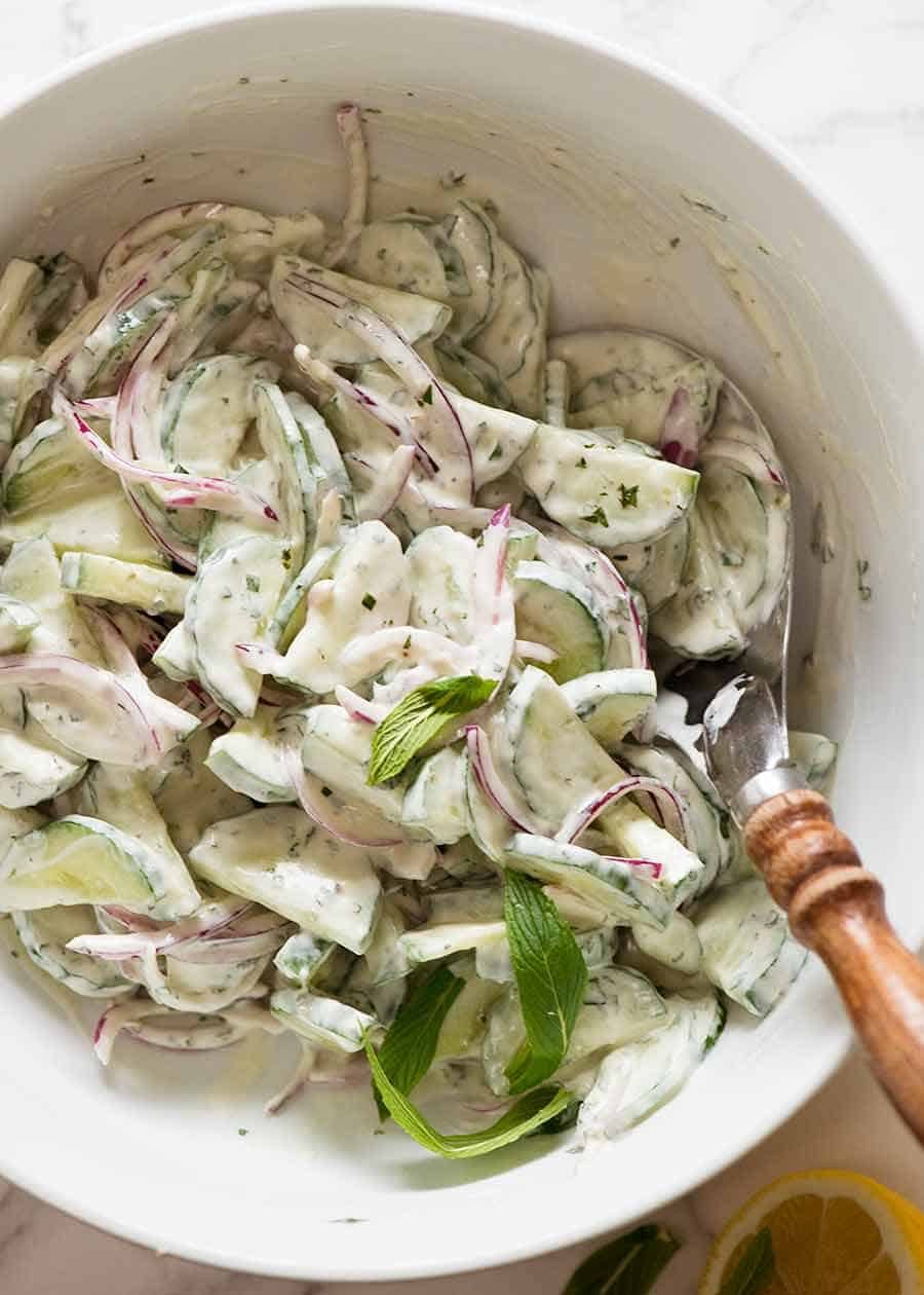 Overhead photo of Cucumber Salad with Lemon Mint Yogurt Dressing