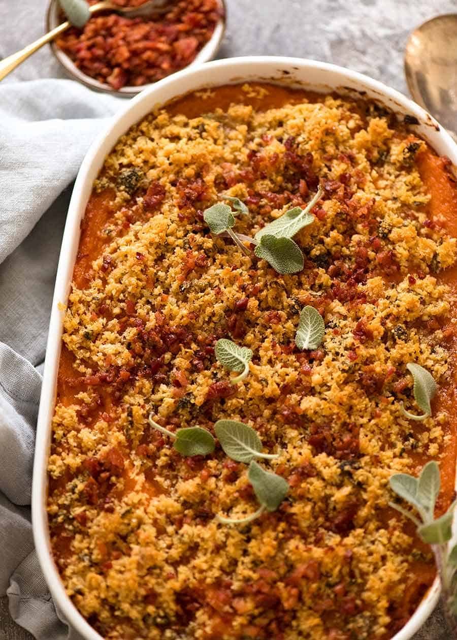 Overhead photo of Browned Butter Sweet Potato Casserole fresh out of the oven