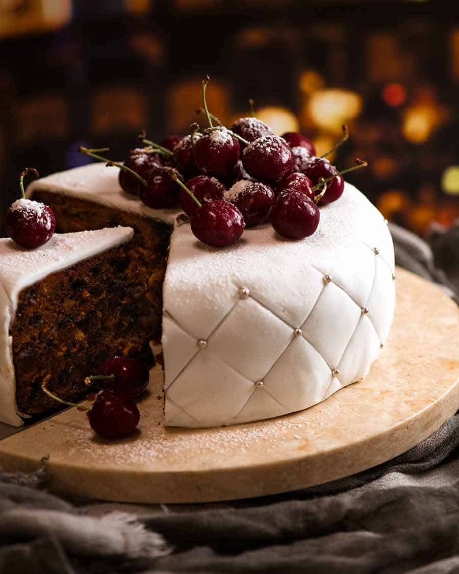 Christmas Cake - easy moist fruit cake decorated with traditional white fondant