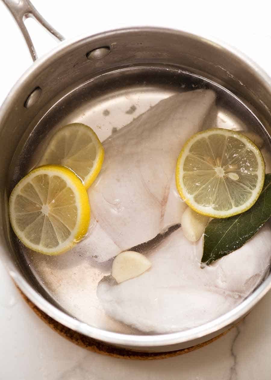 Foolproof poached chicken in a saucepan