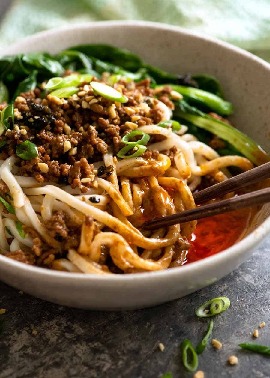 Close up of spicy Sichuan Dan Dan Noodles