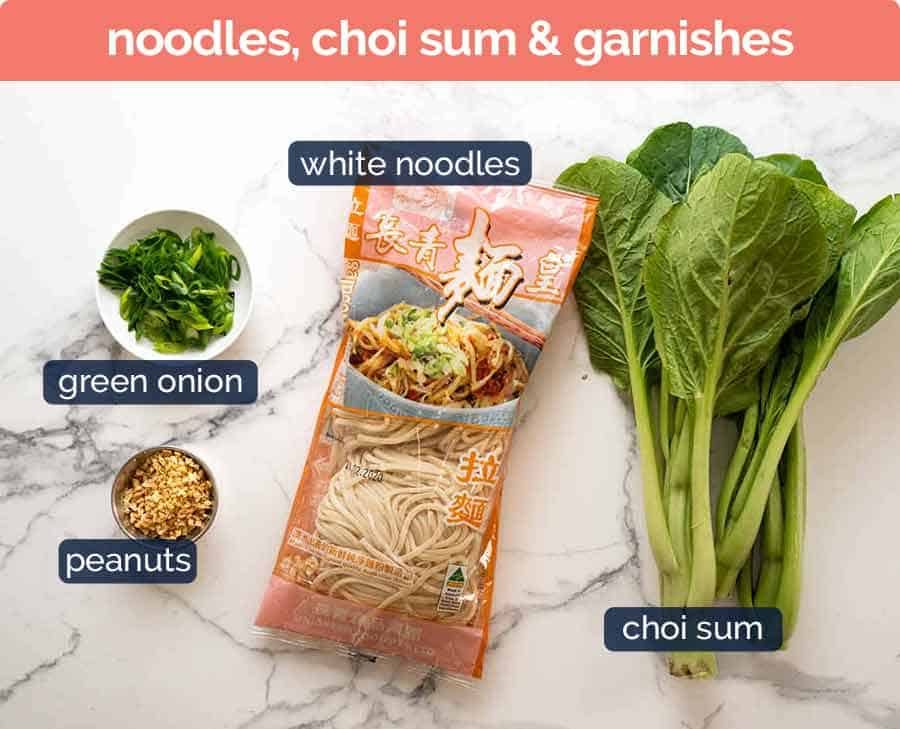 Noodles and garnishes for Dan Dan Noodles