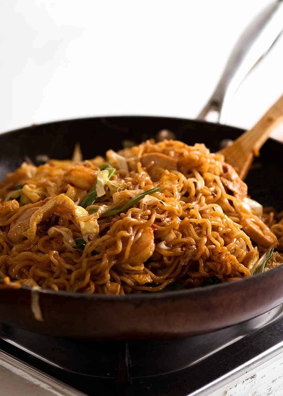 Mie Goreng in a skillet, fresh off the stove