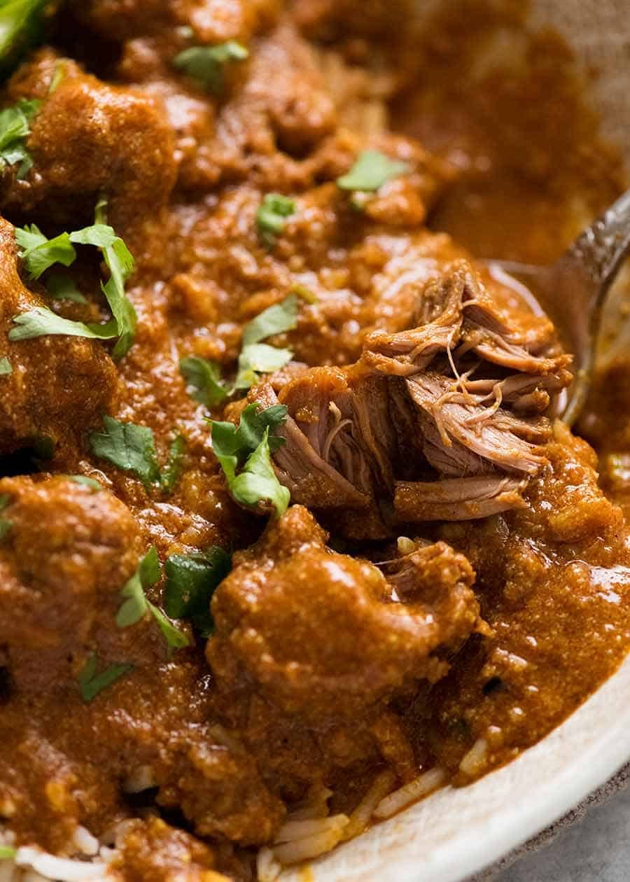 Close up showing tender lamb in Rogan Josh