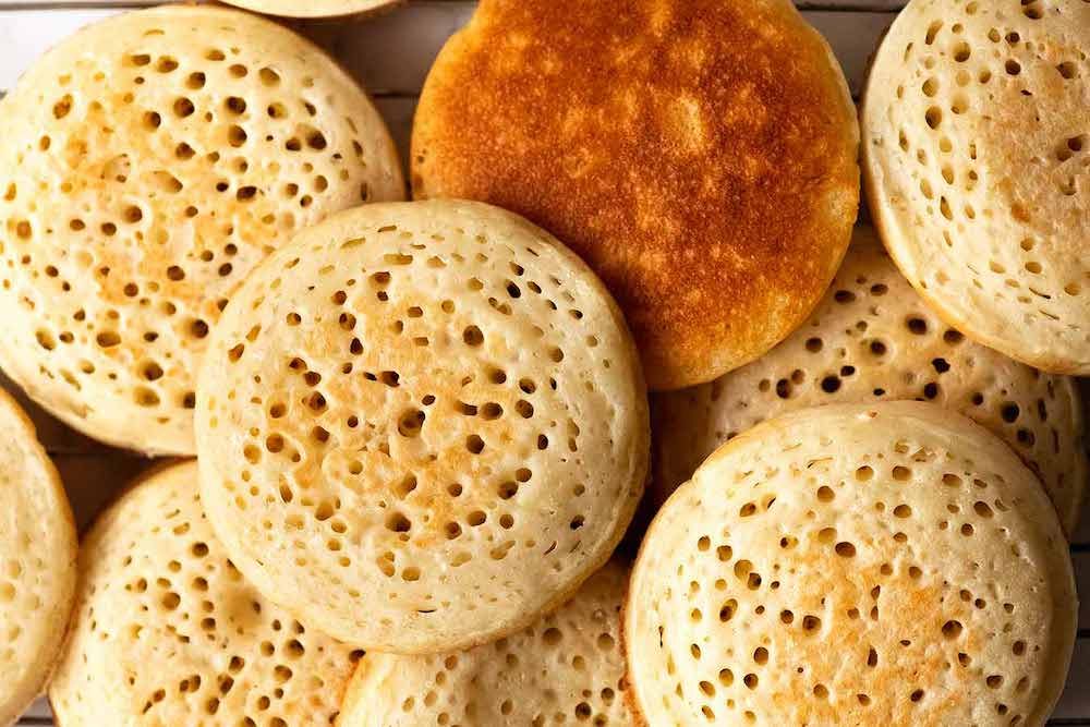 Overhead photo of homemade crumpets