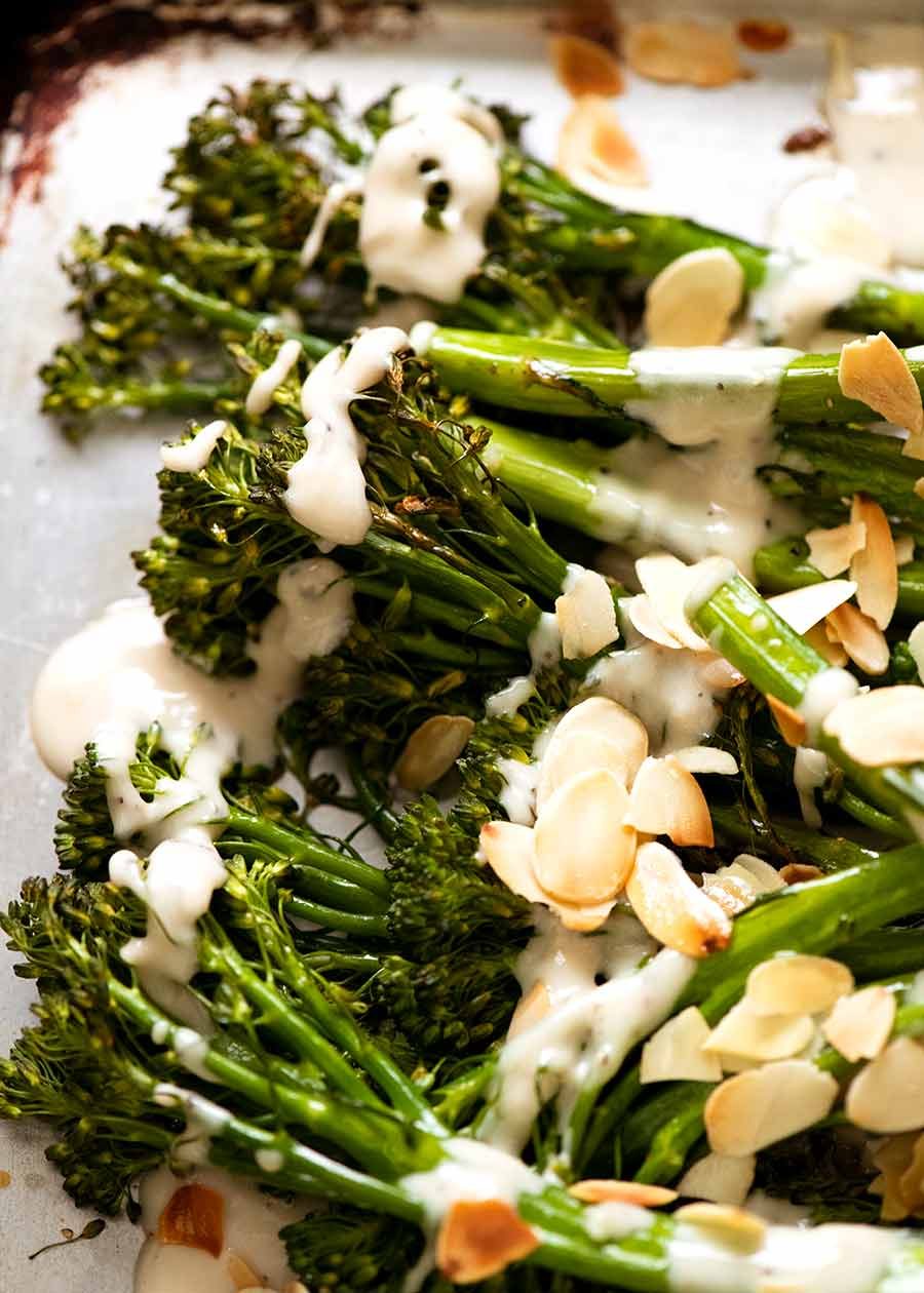Close up of Roasted Broccolini with Tahini Sauce, fresh out of the oven