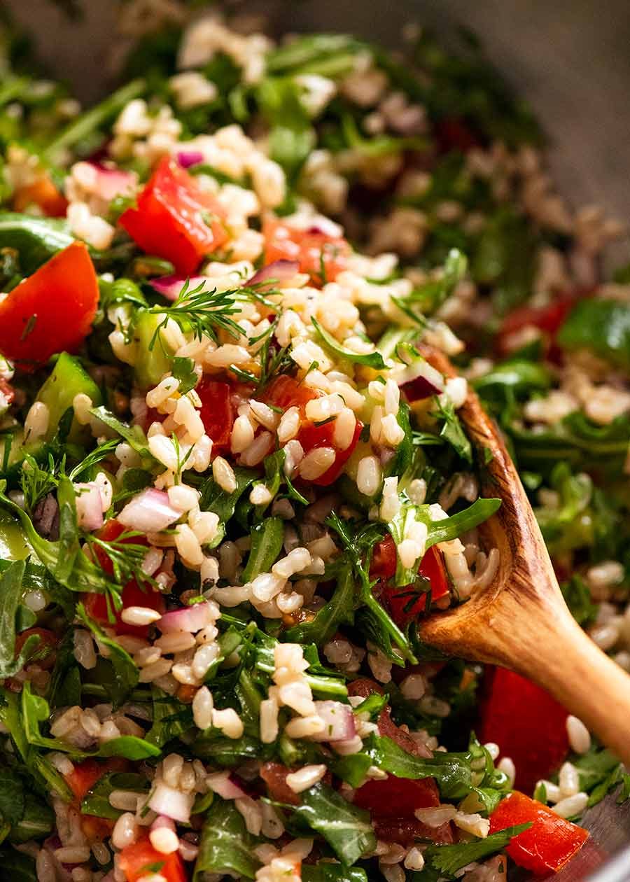 Close up of Brown Rice Salad ready to be served
