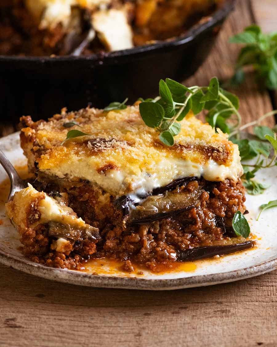 Close up photo of a slice of Greek Moussaka