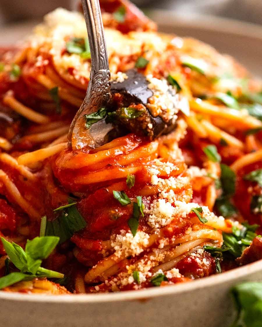 Close up of fork twirling Pasta all Norma - Eggplant Pasta