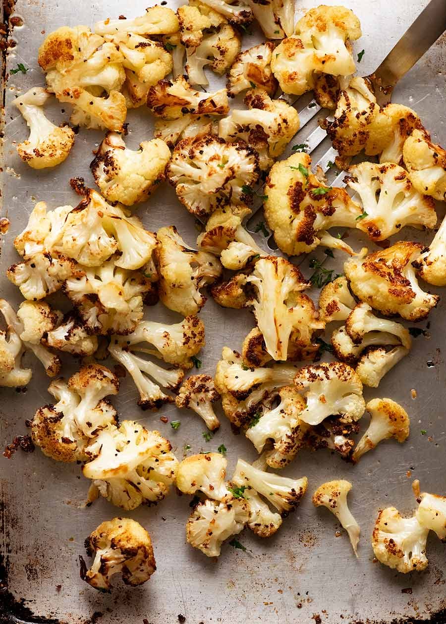 Overhead photo of Roasted Cauliflower on a tray