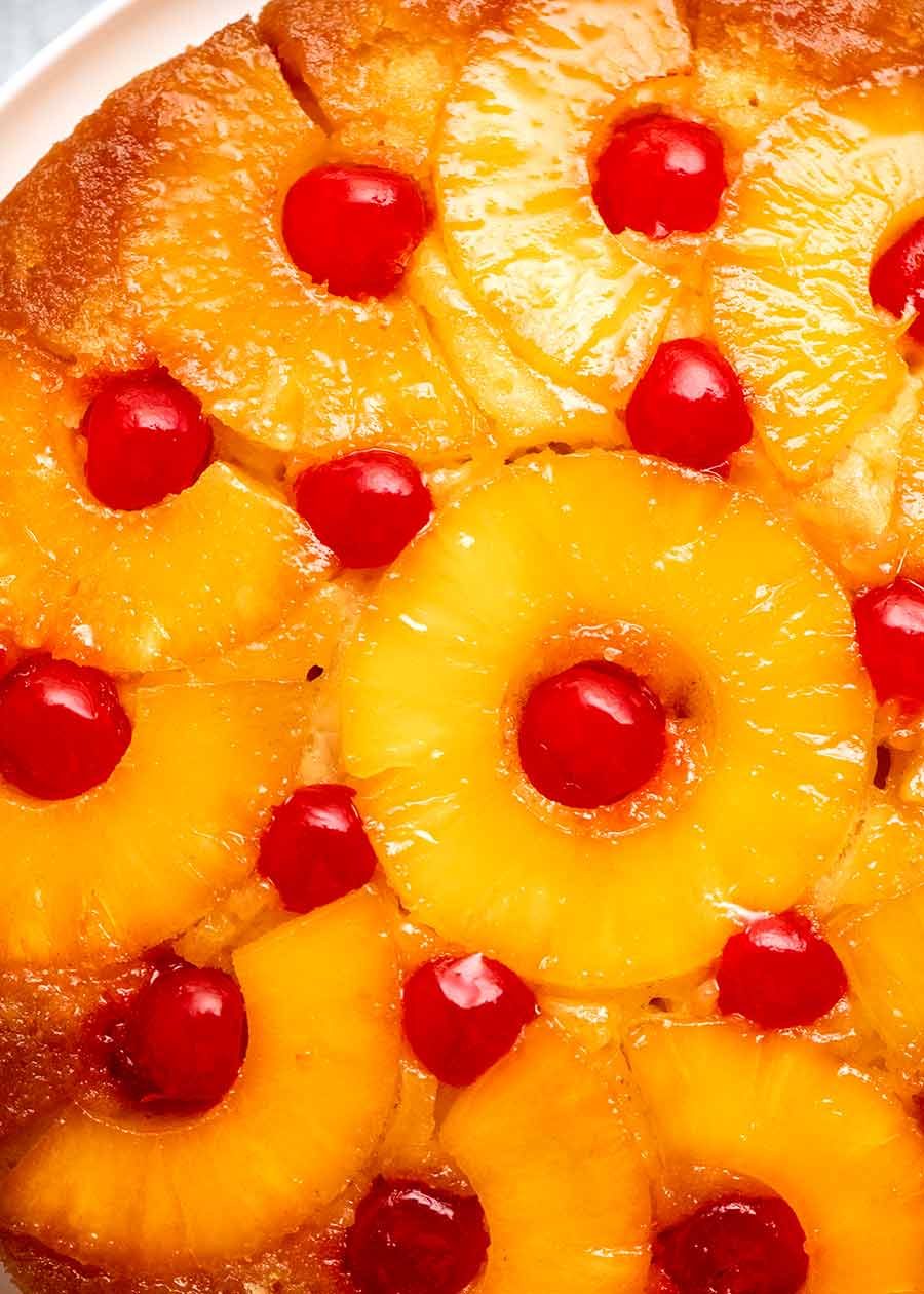 Close up photo of top of Pineapple Upside Down Cake