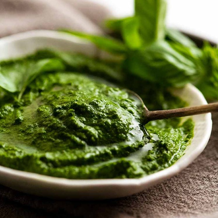 Salsa Verde in a dish with a spoon