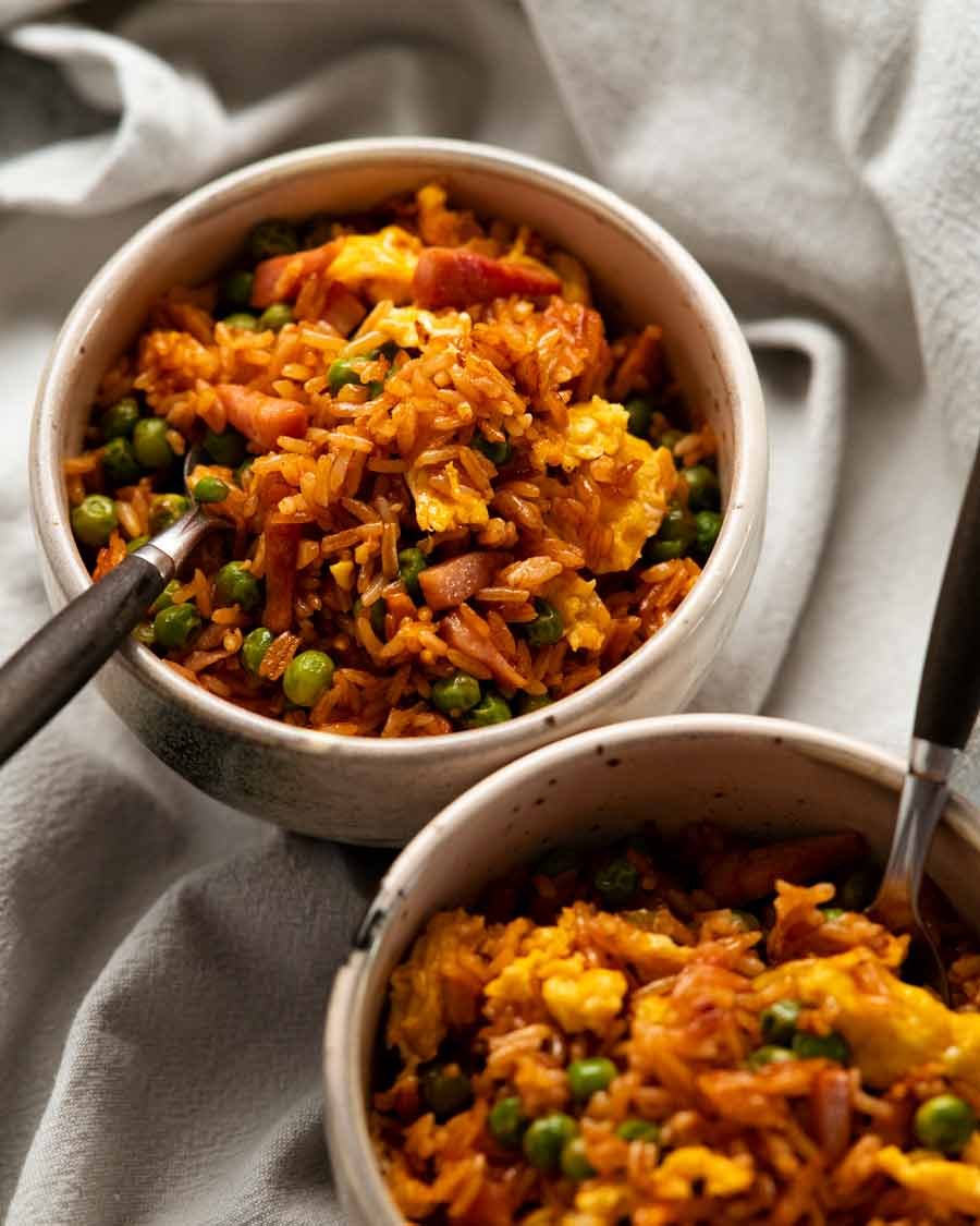 Red Vietnamese Fried Rice in a bowl ready to be eaten