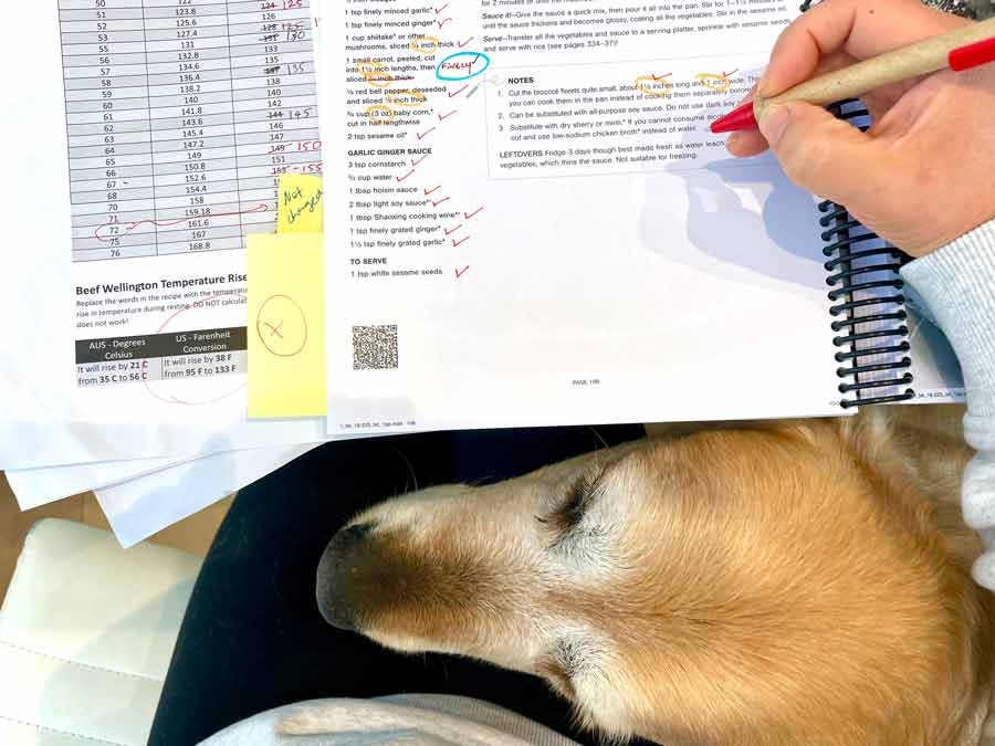 Dozer helping with Americanisation of the RecipeTin Eats cookbook "Dinner" by Nagi Maehashi