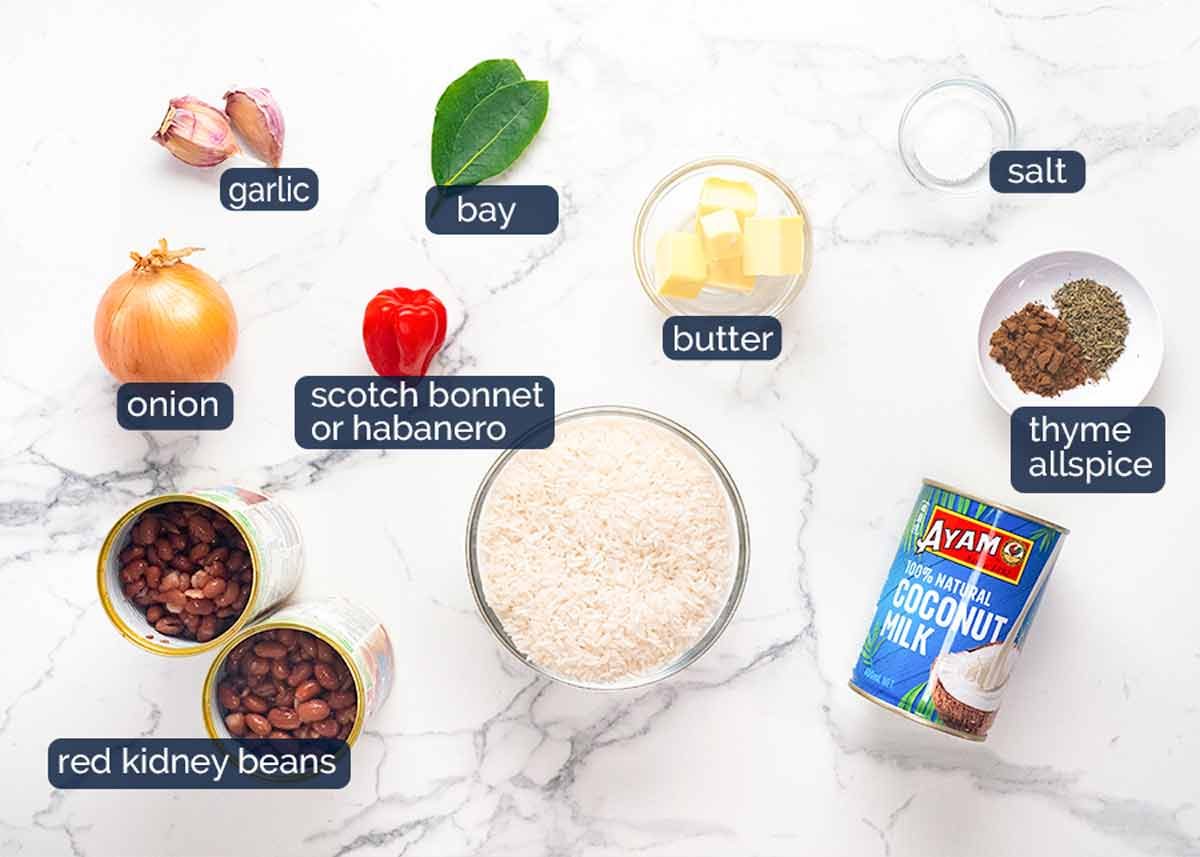 Ingredients in Jamaican Coconut Rice and Peas (Beans)