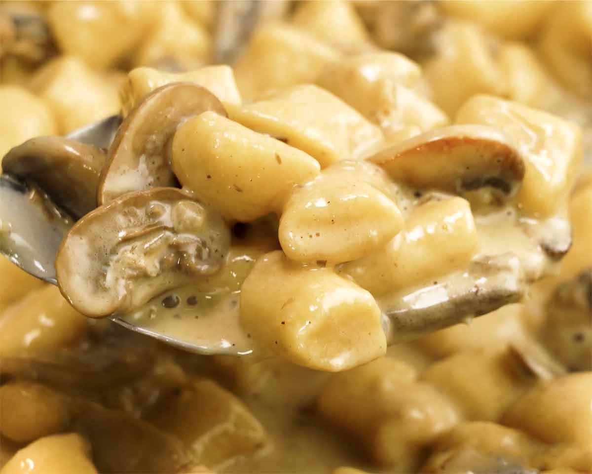 Scooping Ricotta gnocchi with creamy mushroom sauce