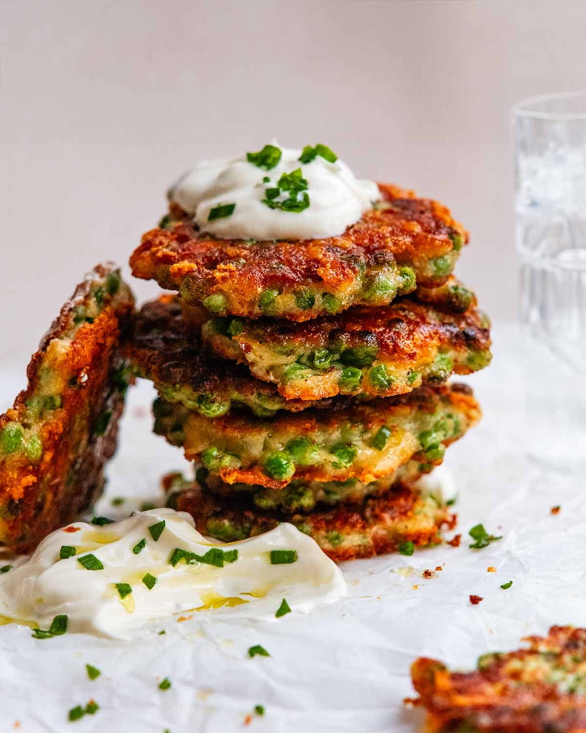 Stack of Crispy pea fritters