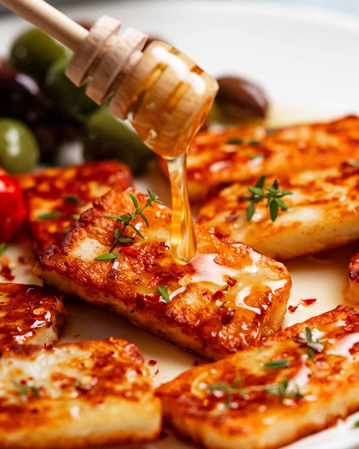 Golden fried halloumi with honey and thyme
