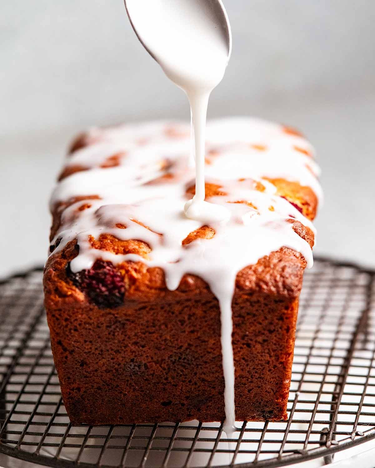 Glazing White chocolate raspberry loaf (quick bread)