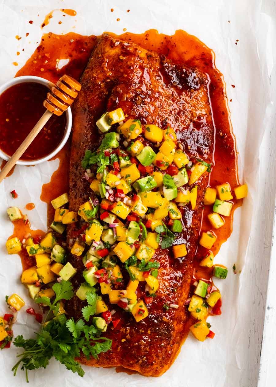Summer side of salmon from TONIGHT - hot honey mango avocado salsa