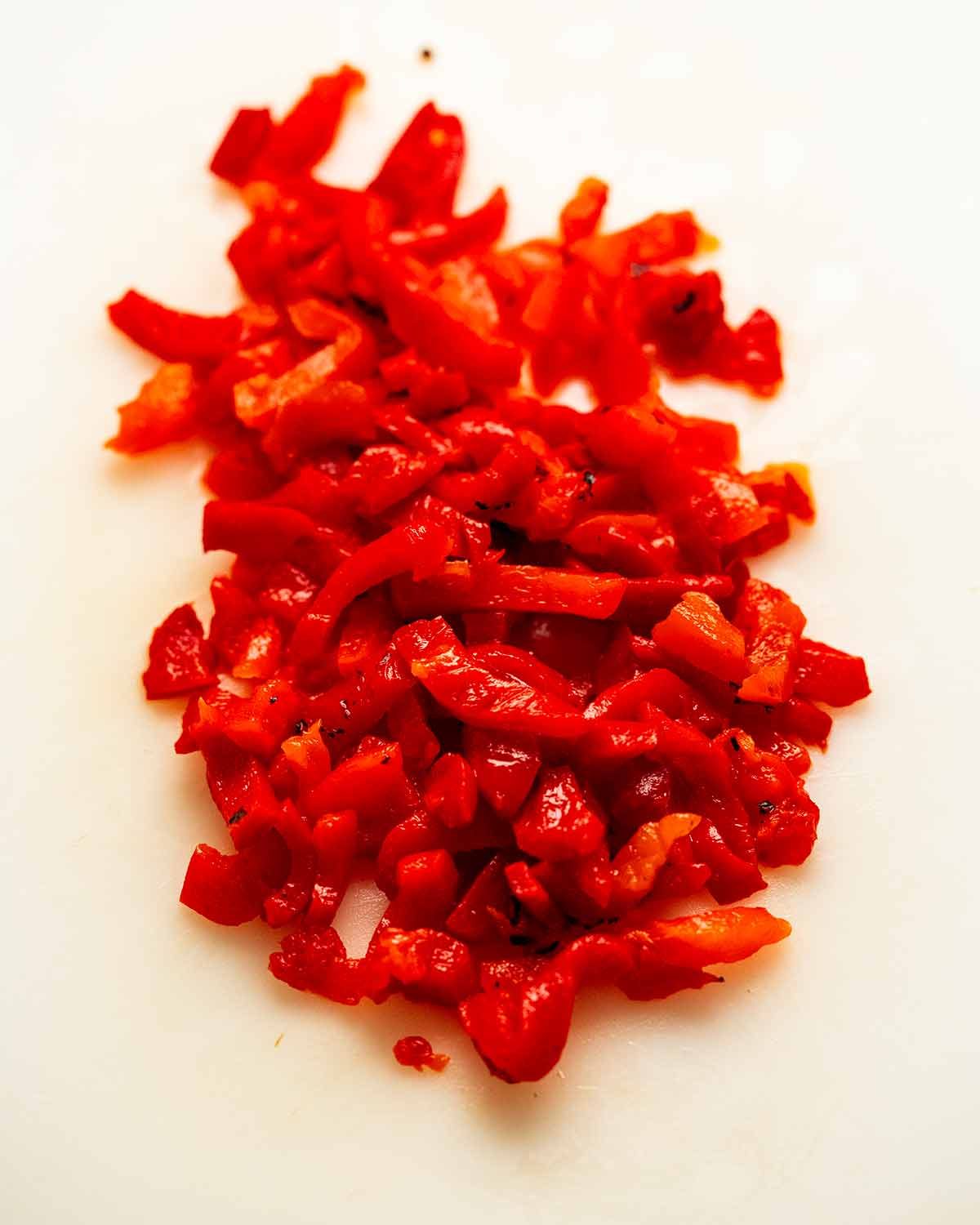 Fire roasted red pepper strips for Roasted Red Pepper Goat Cheese Risoni / Orzo
