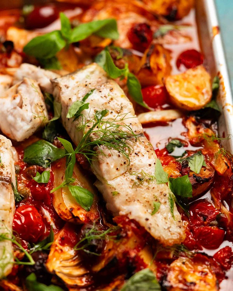 Puttanesca fish tray bake dinner