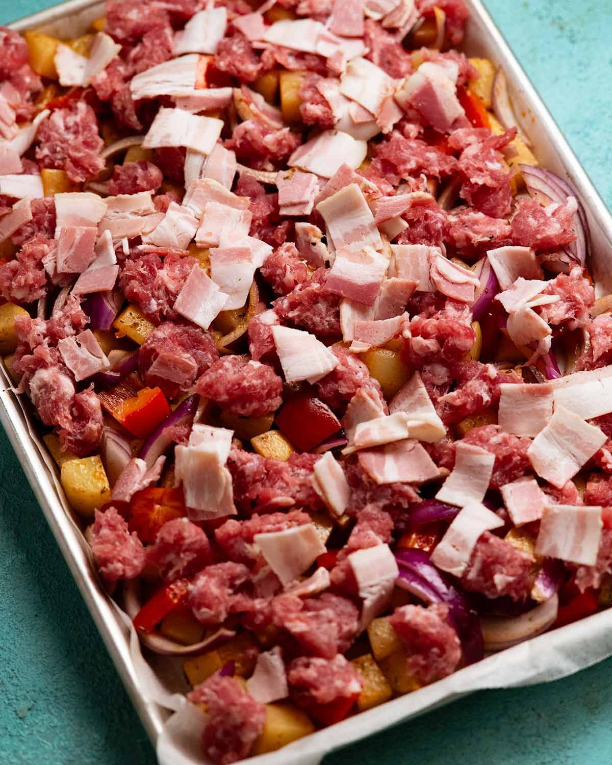 Baked breakfast hash with sausage and potatoes