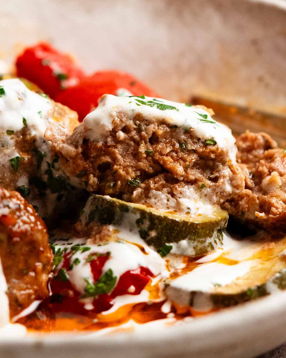 Moroccan Spiral Meatball Zucchini Bake